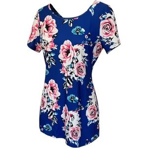 NWT Feager Blue Floral Mini  Short Sleeve L Crisscross Back Summer Sundress